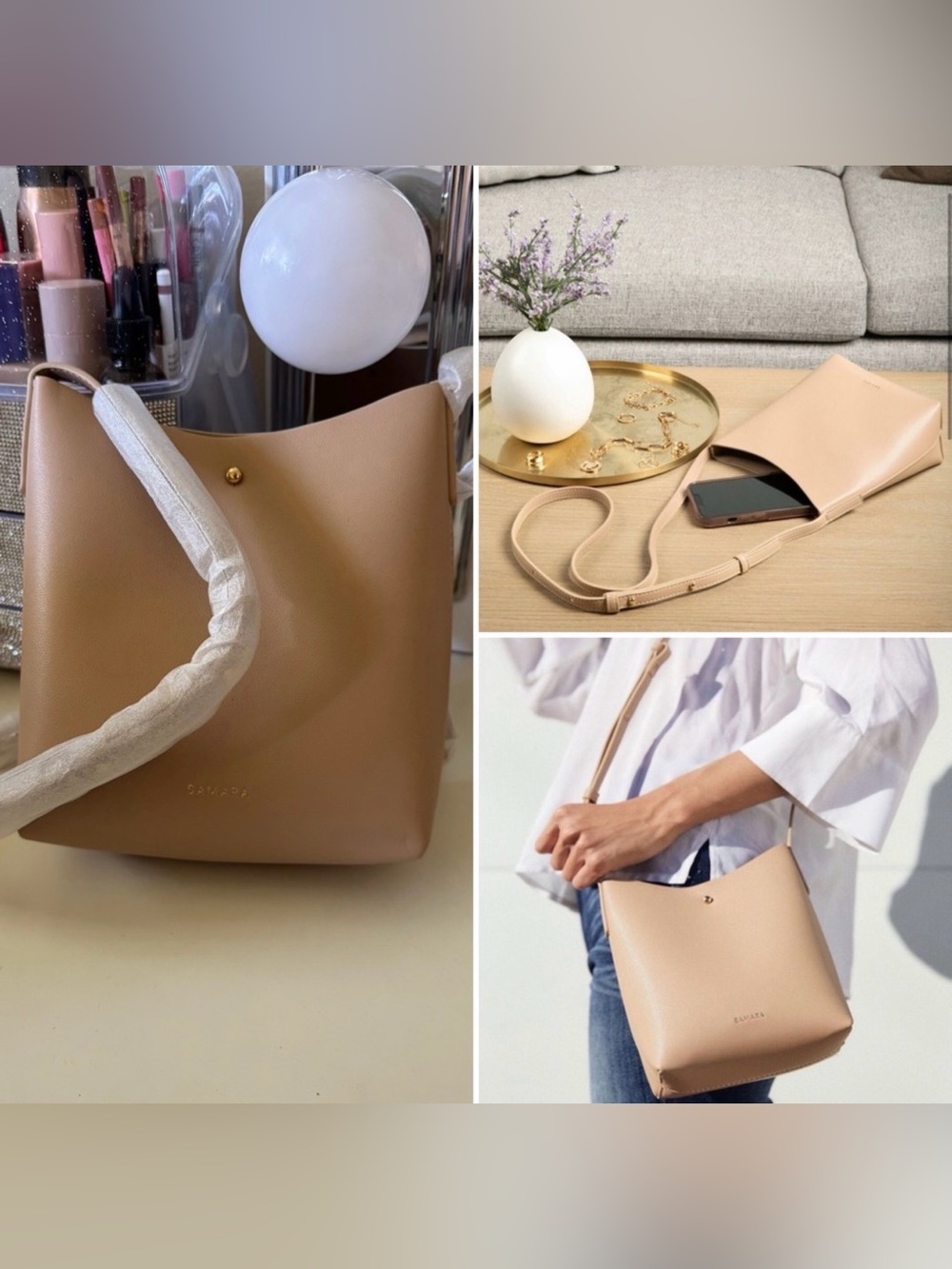 Samara Vegan Leather Apple Leather Shoulder Bag in Tan & Gold Hardware
